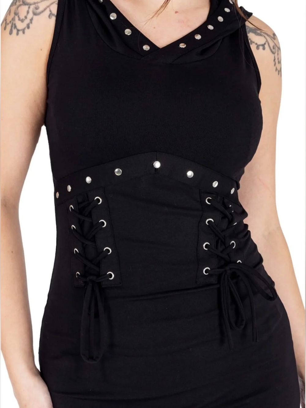 Vixxsin Black Cora Hooded Lace Up Goth Studded Sleeveless Midi Dress Dark Punk - Picture 3 of 14